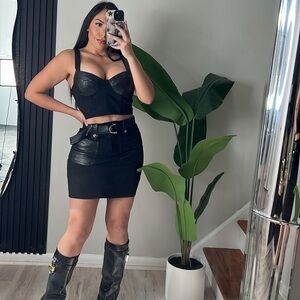 Brown Faux Leather Skirt and Top Set